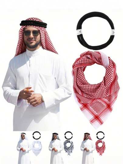 Vintage Style Men's Arabic Headscarf, Solid Color Polyester Material, Suitable For All Seasons, Showcasing Dubai And Middle Eastern Vibe. Arabic Headscarf, Dubai Headscarf, Saudi Arabia Headscarf, Decorated With Butho Pattern, Can Be Worn With Headband.