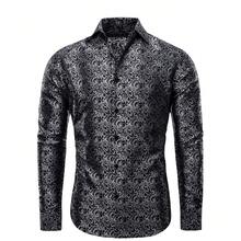 Plus Size Black White Grey Plaids  Mens Shirt Long Sleeve Navy Blue Solid Tops Regular Fit Wedding Formal Casual Button Coats - 黑色 - 查看 1
