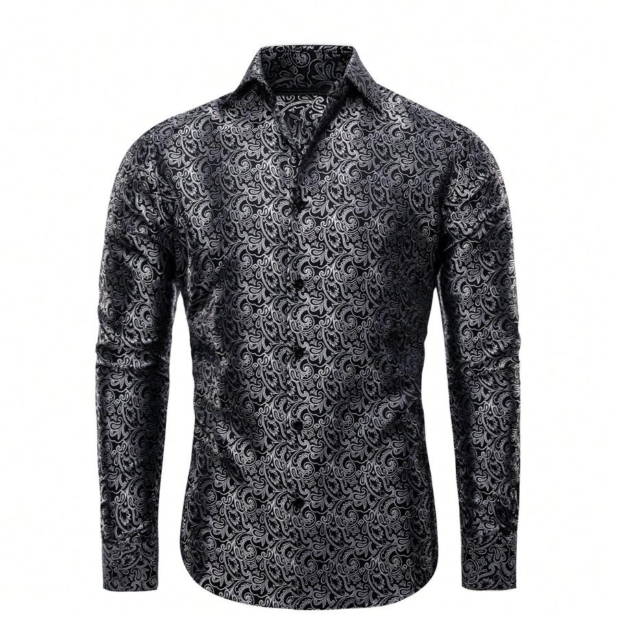 Plus Size Black White Grey Plaids  Mens Shirt Long Sleeve Navy Blue Solid Tops Regular Fit Wedding Formal Casual Button Coats - 黑色 - 查看 1