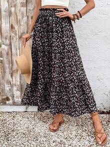 Falda maxi de cintura alta con volantes y estampado floral negro tipo ditsy, falda de verano bohemia y fluida para vacaciones - Negro - Ver 4
