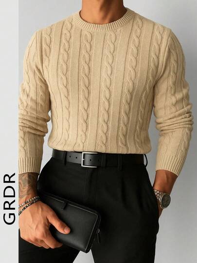 GRDR Suéter masculino casual de malha com estampa floral torcida, gola redonda e mangas compridas.