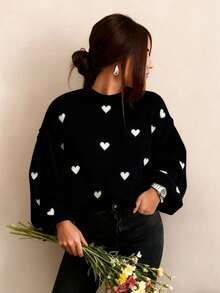 Autumn And Winter Women's Valentine's Day Cute Casual Heart-Patterned Loose-Fit Fashionable Sweater With Round Neck And Long Sleeves, Basic Sweater, Business Casual Women's Clothing, Autumn Top, Autumn Sweater, Women's Winter Clothing, Women's Autumn And Winter Clothing, Autumn Clothing - Black - View 5