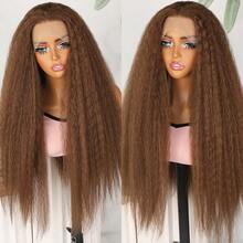 Tóc giả ren tổng hợp thẳng Kinky không cần keo HD ren nổi bật màu nâu vàng ombre dài thẳng tự nhiên yaki đường chân tóc 13x4 sợi chịu nhiệt miễn phí nhổ sẵn với tóc con 26 inch mật độ 180% cho phụ nữ mặc hàng ngày dự tiệc - Màu dương cầm - Xem 13