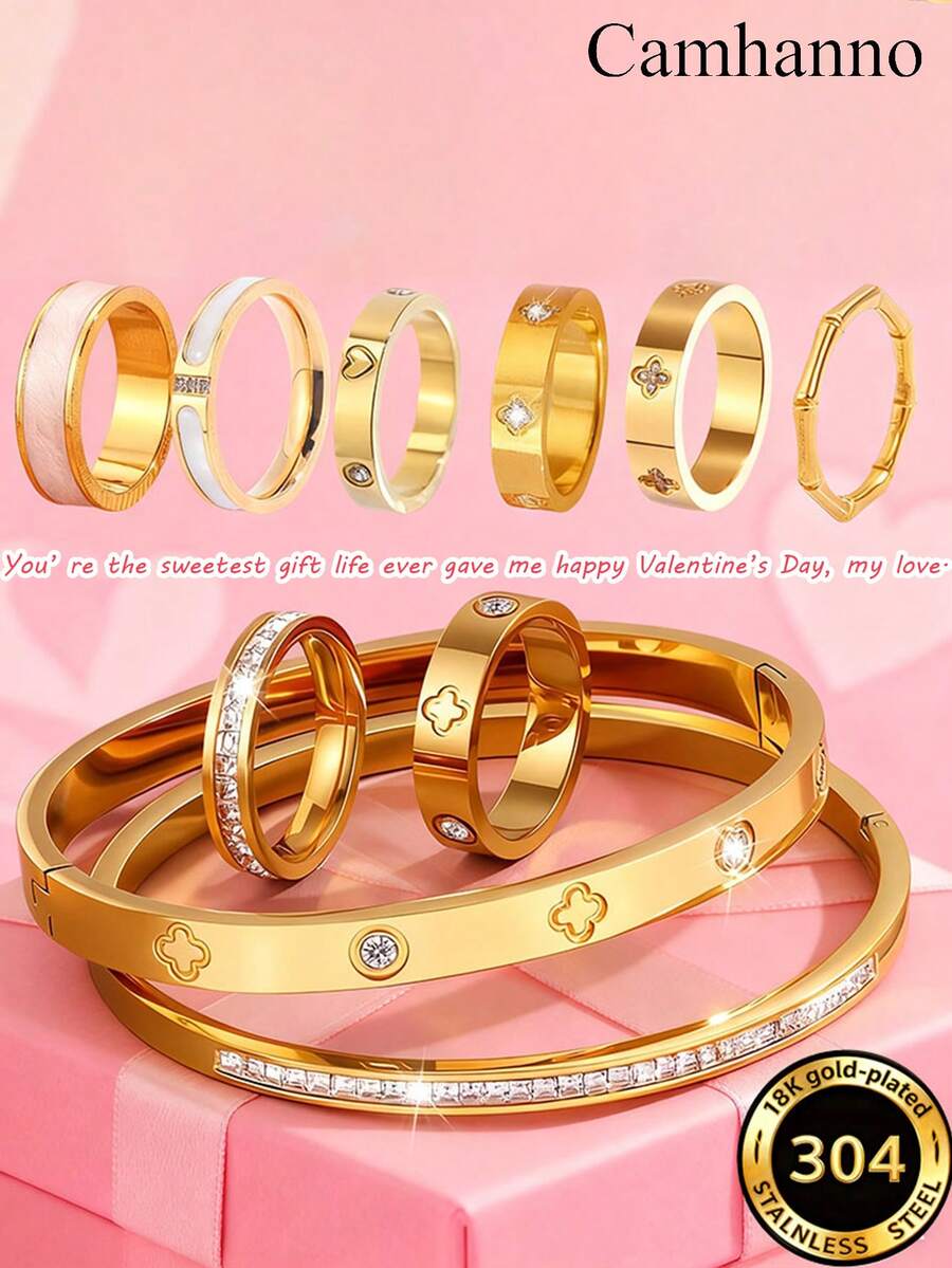 Camhanno 10/1-częściowy zestaw złotej biżuterii, lekki, luksusowy, elegancki zestaw biżuterii ze stali nierdzewnej, impreza, spotkanie, wieloelementowy, przyciągający wzrok styl, zróżnicowany design staje się przyciągającym wzrok punktem na imprezie - Złoto - Zobacz 1