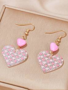 1 Cặp bông tai mặt trái tim màu hồng ngọt ngào và mát mẻ, phù hợp cho trang phục hàng ngày của phụ nữ, hẹn hò, tiệc tùng, ngày lễ tình nhân, bông tai thời trang - Hồng - Xem 2