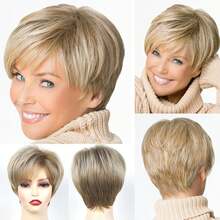 Peruca Pixie Curta Loira Elegante com Franja - Peruca Sintética Realista Resistente ao Calor para Mulheres Brancas, Uso Diário, Touca Rosa, Penteado Liso, Acessório de Cabelo Estiloso | Corte de Cabelo Elegante | Fibra Resistente ao Calor, Peruca de Cabelo Curto