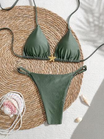 圣诞比基尼夏季沙滩女装套装，性感系带三角泳衣，尼龙亮面面料，饰有海星图案，度假泳装