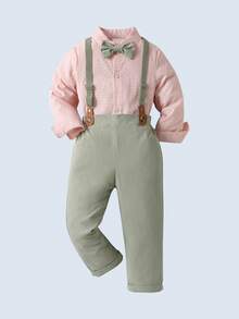 BOARNSEORL 男童绅士两件套，白色长袖衬衫配领结和背带裤，时尚帅气，适合生日派对、婚礼、庆典、婴儿派对等场合。 - 綠色 - 查看 3