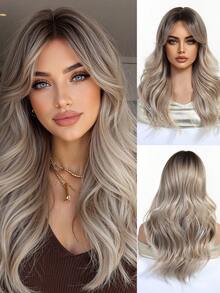 22-Inch Long Wavy Wig With Bangs, Dark Roots, Brown Wig, Brown-To-Gold Gradient Wig, Heat-Resistant Synthetic Wig, Suitable For Everyday Wear, Parties, And Cosplay. - Brown Ombre - View 2