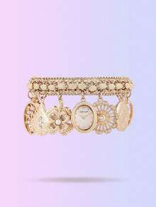 Anne Klein 女士金色水晶点缀魅力手链腕表，搭配珍珠母贝表盘，女士复古风格女士石英手链腕表，搭配椭圆形吊坠表壳和可调节表链 - 玫瑰金 - 查看 1