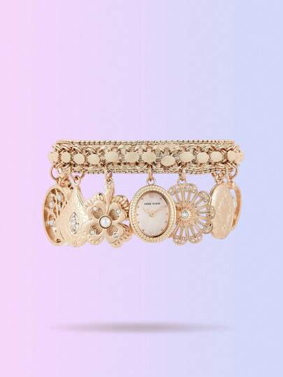 Anne Klein 女士金色水晶点缀魅力手链腕表，搭配珍珠母贝表盘，女士复古风格女士石英手链腕表，搭配椭圆形吊坠表壳和可调节表链