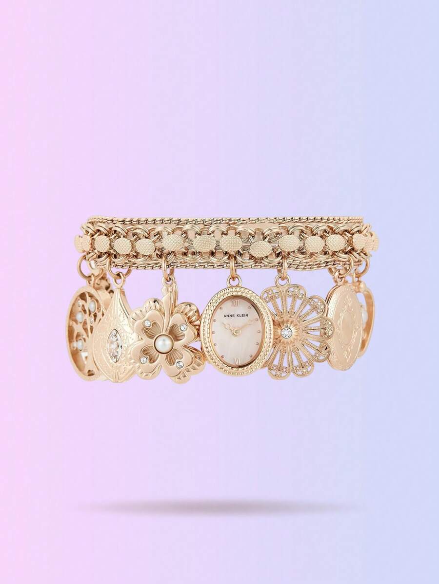 Anne Klein 女士金色水晶点缀魅力手链腕表，搭配珍珠母贝表盘，女士复古风格女士石英手链腕表，搭配椭圆形吊坠表壳和可调节表链 - 玫瑰金 - 查看 1