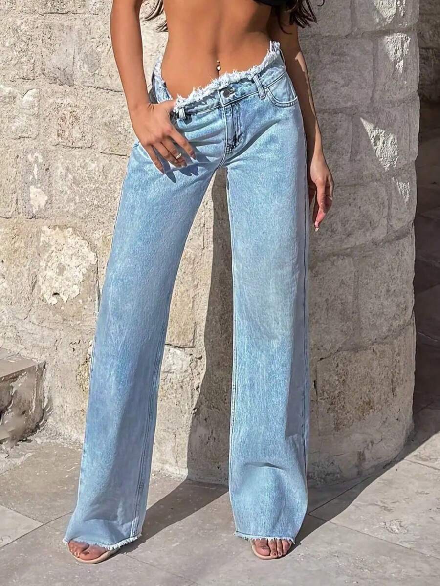 女士休闲宽松磨边腰阔腿牛仔裤，时尚显瘦，适合春秋季 - 亮藍 - 查看 1
