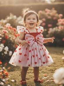 Toddler Baby Girl  Valentine's Day Dress Summer Ruffle Sleeve Heart Tulle Smocked Dress Kids Girls Birthday Party Dresses - 紅色 - 查看 4