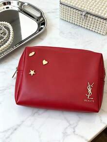 Yves Saint Laurent Red Cosmetic Bag With Gold Star Pattern - Women's Handheld Pouch, Essential Daily Storage Bag - Red - View 1