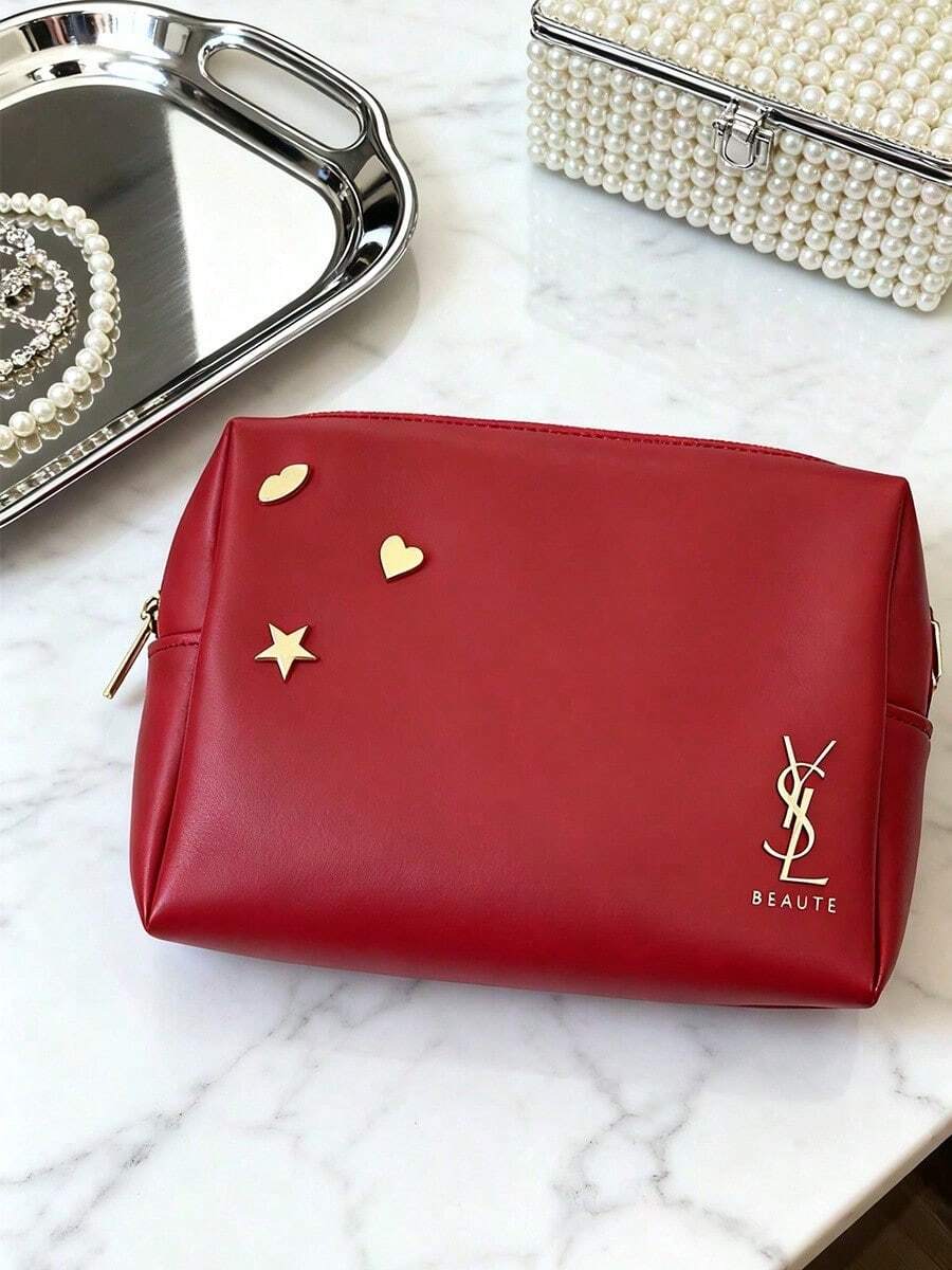 Yves Saint Laurent Red Cosmetic Bag With Gold Star Pattern - Women's Handheld Pouch, Essential Daily Storage Bag - Red - View 1