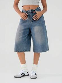 Valentine's Day Women Jean Jorts Baggy Loose Fit Jean Shorts 2026 Summer Wide Leg Long Denim Shorts Y2K Clothes - 藍色 - 查看 3