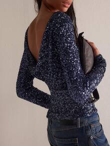 Women's Sequin Long Sleeve Slim Fit Tops Y2k Sparkly Off-Shoulder Blouse Tops Spring Party Club Wear - Màu xanh lam - Xem 2
