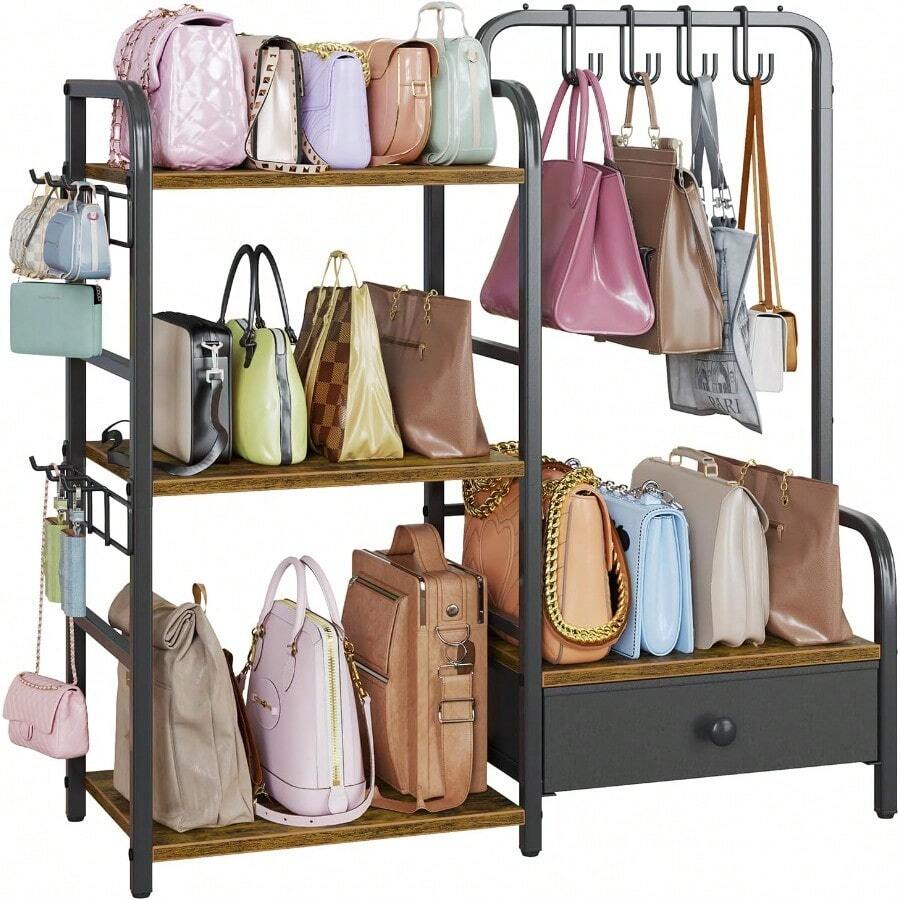 Organizador de bolsos para armario con cajón inferior, gran capacidad de 3 niveles, estantería de almacenamiento de bolsos para mujeres con 10 ganchos colgantes y organizador de bolsos de pie para sala de estar en color negro - Negro - Ver 1