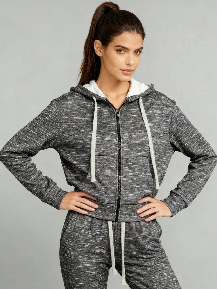 Women's Marled Grey Zip Up Cropped Hoodie, Matching Sporty Loungewear Set, Athletic Two Pieces Outfit With Hooded Jacket & Sweatpants For Gym & Street Fashion - Multicolor - View 1