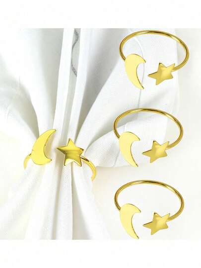 1/4个星月餐巾环，金色合金材质，适用于节日派对、生日、婚礼餐桌装饰、餐厅、农舍、家庭餐桌、宴会和家庭厨房。