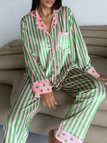 Women's Striped  Polka Dot Satin Pajama Set - Long Sleeve Button-Down Top With Wide-Leg Pants - Chic Mixed Print Loungewear - màu xanh lá - Xem 3