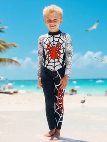 Young BoySpider Print Long Sleeve Zipper One-Piece Swimsuit, Boys' One-Piece Swimwear, Beach Holiday Swimsuit