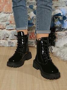 Thick Sole British Style Black Patent Leather Zipper Boots, Versatile Retro Autumn/Winter Ankle Boots For Teenagers, Unisex - Black - View 4