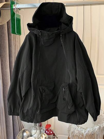 Plus Size Black Woven Fabric Hooded Cape Coat With Drawstring And Pockets, Regular Sleeve Long Sleeve Fall Outerwear