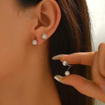 1 Pair, Fashionable And Luxurious Sparkling Spherical Earrings For Women, Simple And Elegant Design, With Screw Style S-Shaped Earrings, Perfect Choice For Christmas Gifts And Music Festivals, Suitable For Women's Daily Wear