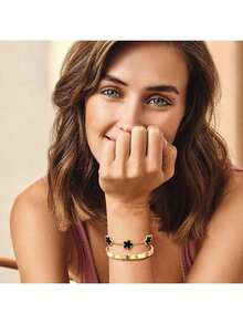 2件套女士可叠戴金手镯首饰套装，14K镀金花卉图案，镶嵌防褪色立方氧化锆，奢华礼品 - 五葉草套裝 - 查看 6