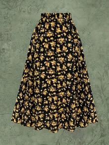 女士高腰印花中长裙，适合节日、冬季、新年、感恩节、返校季、情人节、海滩度假等场合。 - 黑黃色 - 查看 6