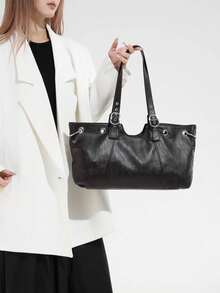 女士手提包，厂家直销，简约大容量腋下手提包，时尚百搭休闲单肩包，PU材质 - 黑色 - 查看 5