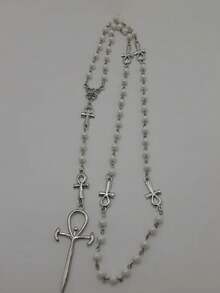 1 Pc Stylish And Unique Vintage Gothic-Style Faux Pearl Necklace With An Alloy Cross And Silver Pendant Is Suitable For Women's Everyday Wear, Holidays, Parties, Music Festivals, And Anniversaries. It Also Makes A Great New Year's Gift Or Jewelry Present. - Bạc - Xem 2