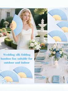 Elegant Fan Set, Including Bow And Gift Bags, Bridal Bamboo Handheld Folding Fan, Suitable For Bridesmaid Gifts And Wedding Decorations, Perfect For Parties And Events, Perfect Summer Accessory - Baby Blue - View 3
