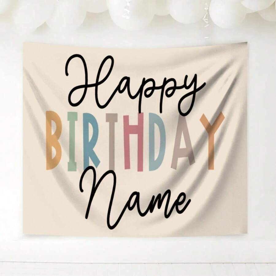 1pc Customizable Happy Birthday Banner - Personalized Name, Bohemian Style Polyester Fabric Tapestry, Perfect For Party Decorations And Photo Backdrops, Birthday Party Decorations - Style1 - View 1