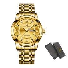 1枚男士石英表，41毫米经典奢华钻石日历表，绿色/蓝色/金色/银色/黑色不锈钢表盘，原装石英机芯，3巴防水，商务风格，精致情侣表 - 金色 - 查看 12