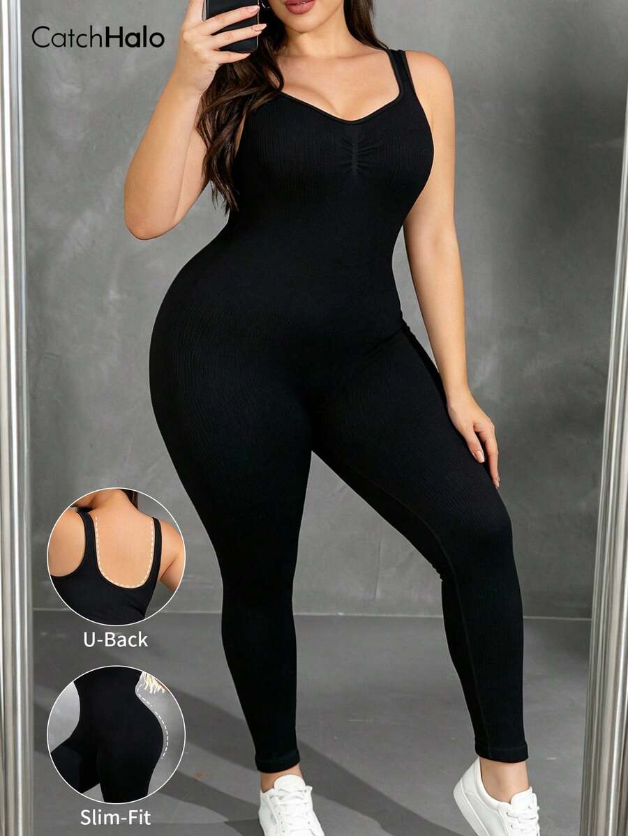 Plus Size Black Seamless Fitted Jumpsuit, Padless, Sleeveless, 4-Way Stretch, Suitable For Yoga, Fitness, Casual Wear Summer