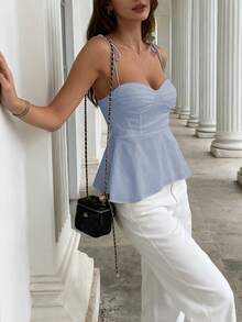 1pc Women's Casual Sleeveless Ruffle Hem Blouse, Elegant French Minimalist Pure White Tube Top Cropped Camisole, Fitted Vacation & Commute Lightweight Camisole Tie Front Tank Top, Y2K Sexy Babydoll Accentuates Curves Outerwear, Spring/Summer/Autumn - Blue - View 2