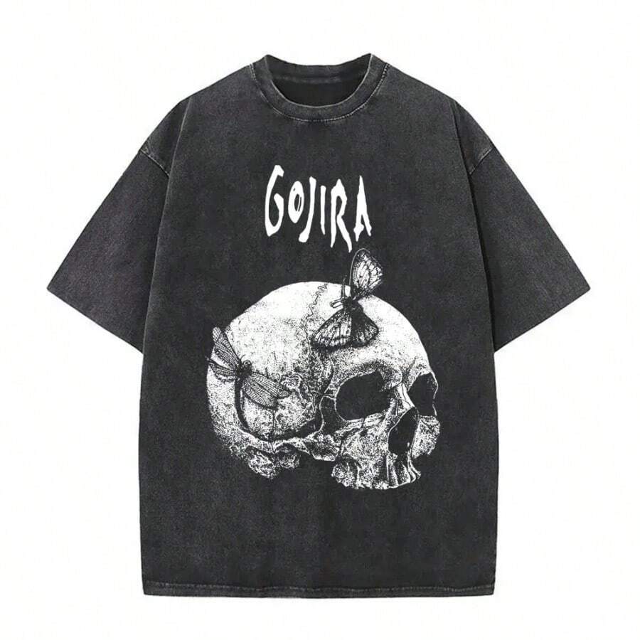 Washed Vintage Metal Rock Band Gojira Skeleton Graphic T-Shirt Men Women Fashion Oversized Short Sleeve T Shirts Man Streetwear - màu đen - Xem 1