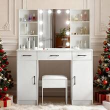 Modern Dressing Table Vanity Desk With LED Lighted Mirror, Stool, Drawers, Cabinet, Open Multi-Level Shelves, 3 Color Brightness Adjustable, Makeup Vanity Desk Set LED Mirror For Girls Bedroom - Christmas Holiday Gift, Thanksgiving Gift - White - View 3