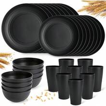 Plastic Plates And Bowls Sets, Dishwasher And Microwave , Reusable, Lightweight Unbreakable Dinnerware Sets 8, 32 Pcs - Kitchen, Camping, Outdoor, RV - Wheat Straw Look - 黑色 - 查看 7