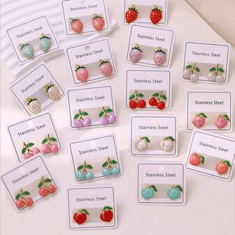 2/4/6 pares de elegantes y minimalistas pendientes de botón con diseños de frutas frescas y lindas como melocotón, fresa y cereza. Un set de pendientes de lujo y versátiles, de mezcla aleatoria, adecuados para combinar a diario y como regalo para fiestas