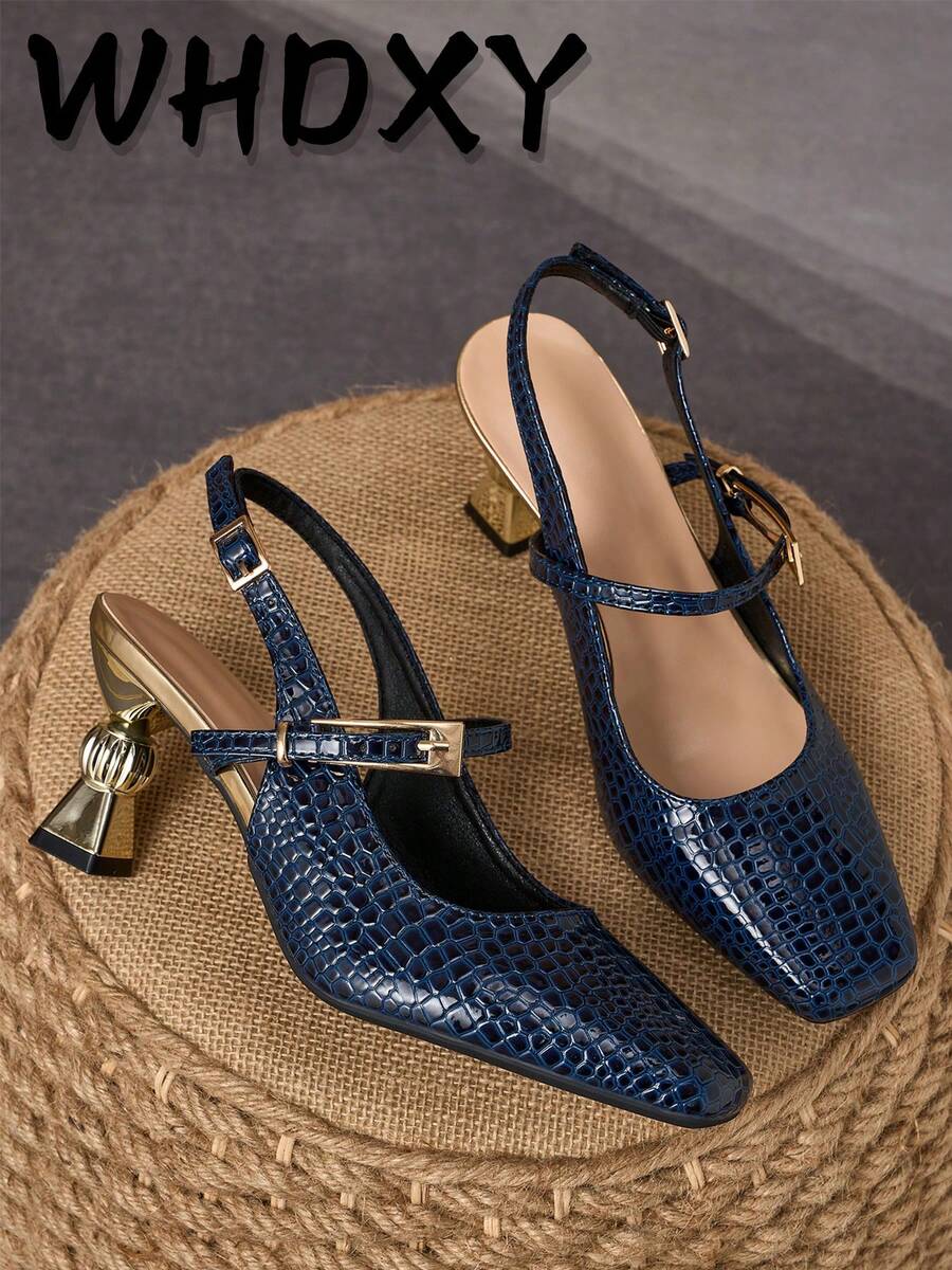 WHDXY 女士藏蓝色蛇纹高跟鞋，金色方跟设计，优雅时尚，适合宴会和正式场合 - 寶藍色 - 查看 1