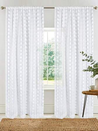 2pcs Boho Sheer Curtains Pom Pom Tufted Semi Sheer Textured Embroidered Floral Window Curtain Set Moroccan Shabby Chic Voile Tufted Ball Bohemian Curtains Embroidered Living Room Bedroom Translucent Curtain Home Decor