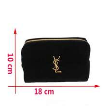 Yves Saint Laurent Black Velvet Makeup Pouch, Plush Velvet Cosmetic Bag With Gold Embroidered Logo And Detachable Chain Strap, Luxury Zippered Beauty Case - Black - View 2