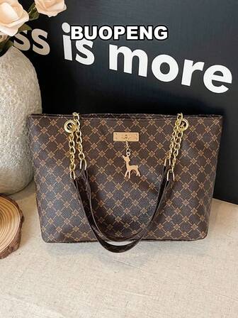 1pc Polyester Deer Decoration Large Capacity Zipper Closure Fashion Shoulder Tote Bag, Suitable For Women Daily Use