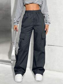 1 pieza Pantalones cargo de ajuste holgado de unicolor y de moda para niñas preadolescentes, cómodos para primavera y otoño con múltiples bolsillos - Gris - Ver 1