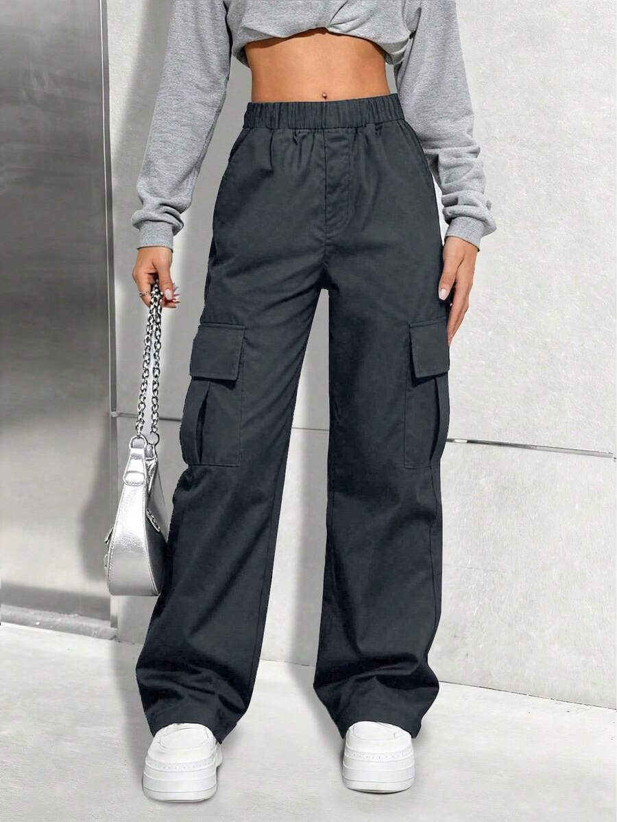 1 pieza Pantalones cargo de ajuste holgado de unicolor y de moda para niñas preadolescentes, cómodos para primavera y otoño con múltiples bolsillos - Gris - Ver 1