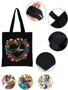 2pcs/Set Customized Name With Love Wreath Pattern Tassel Canvas Bag And Makeup Pouch Set, Women'S Shoulder Bag, Shopping Bag, Portable Casual Storage Handbag, Suitable For Daily Travel, Beach Vacation, Large Capacity Shopping Bag,